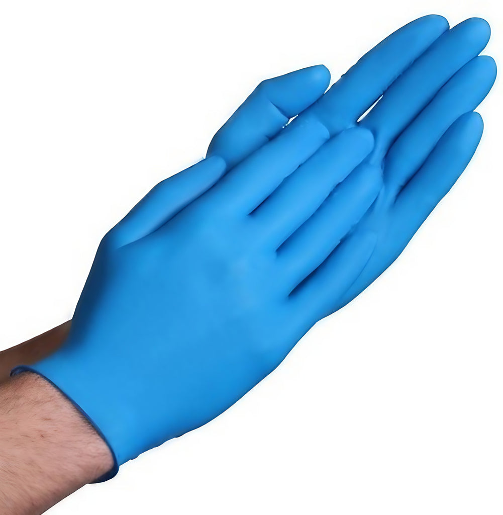 Close-up of a hand wearing a Diamond Blue 4 mil Nitrile Exam Glove