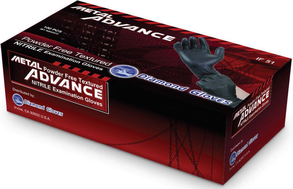 A box of Diamond Black 5 mil Nitrile Exam Gloves, medium size, in a pack of 10
