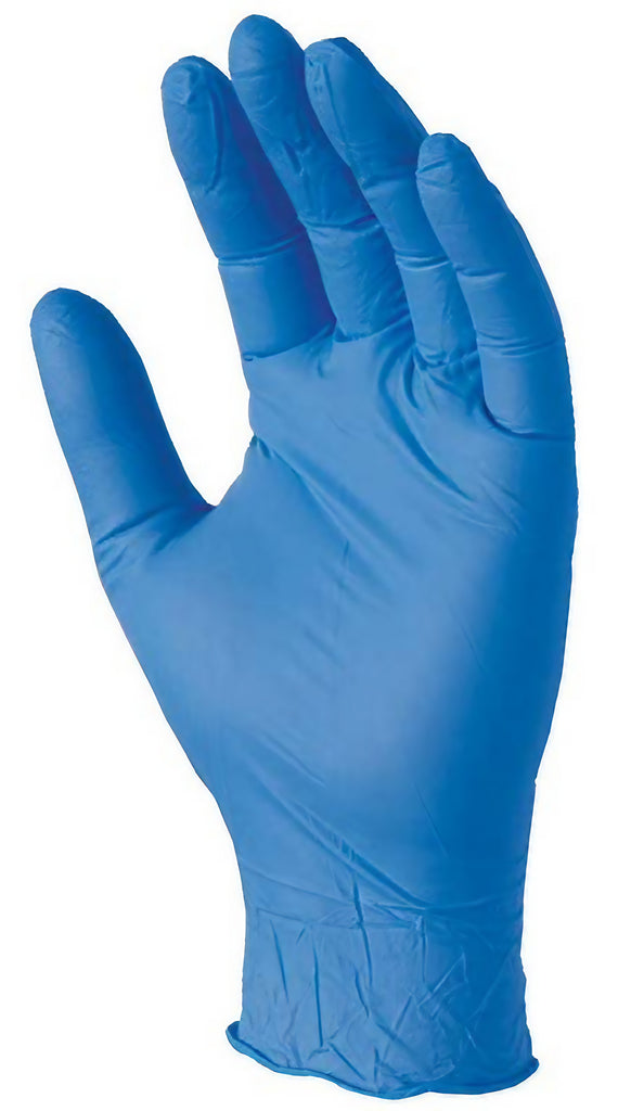 Several Diamond Blue 8 mil Nitrile Gloves with long cuffs, suitable for chemotherapy use, fanned out on a white surface