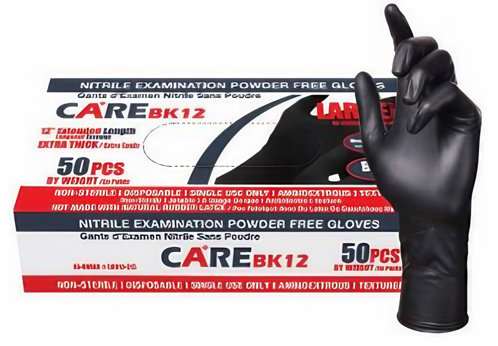 Box of CARE Black 7 mil Nitrile Exam Gloves with 12-inch Long Cuff, Case of 500