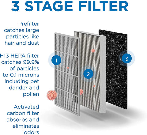 True HEPA H13 filters with three layers of filtration: pre-filter, H13 True HEPA, and active carbon composite for odors.