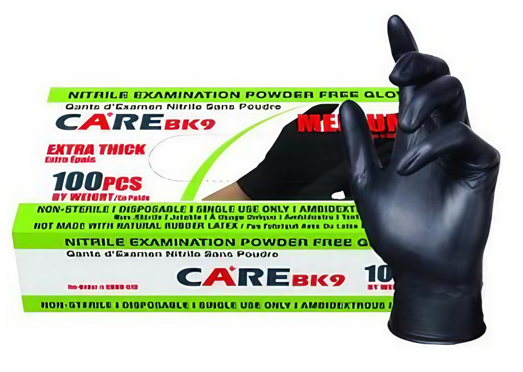 Box of CARE Black 6 mil Nitrile Exam Gloves, 1000 count, product code GDI-CBK9-5xx