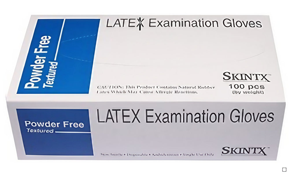 Box of SkinTx 6 Mil Latex Examination Gloves with model number GDI-900