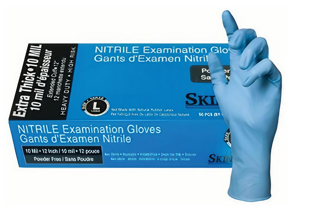 Box of SkinTx Blue Nitrile Exam Gloves with 12-inch Long Cuff, 10 mil thickness, in a case of 500