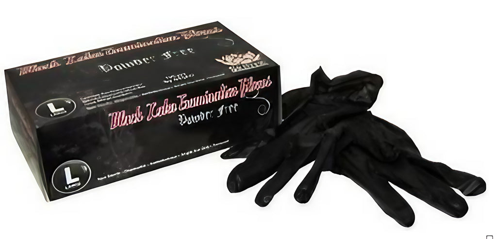 Box of SkinTx 6 Mil Black Latex Examination Gloves with some gloves visible