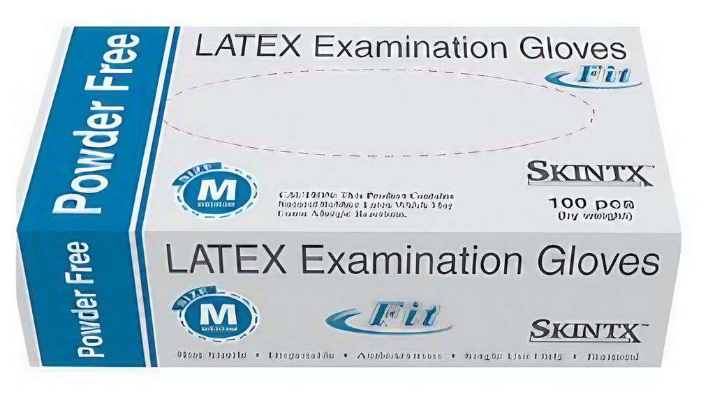 Box of SkinTx FIT 5 Mil Latex Examination Gloves with product code GDI-900FIT