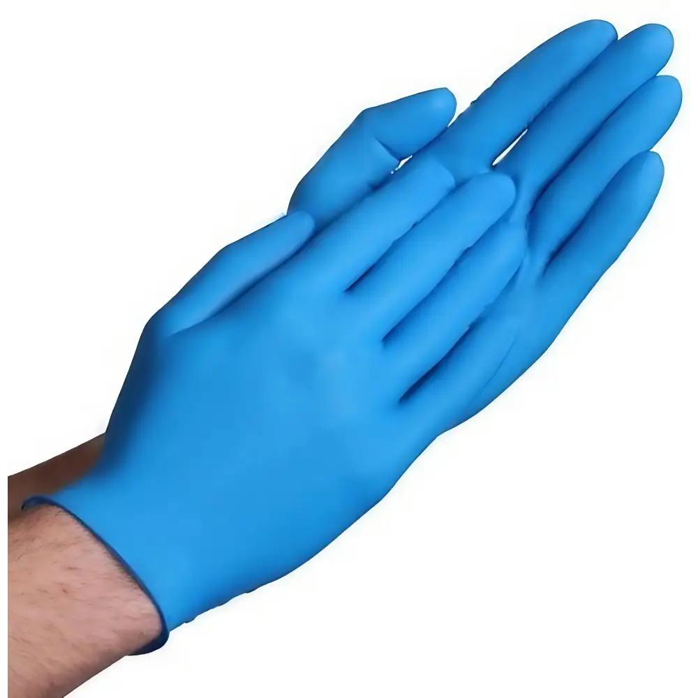 Close-up of a hand wearing a Diamond Blue 4 mil Nitrile Exam Glove