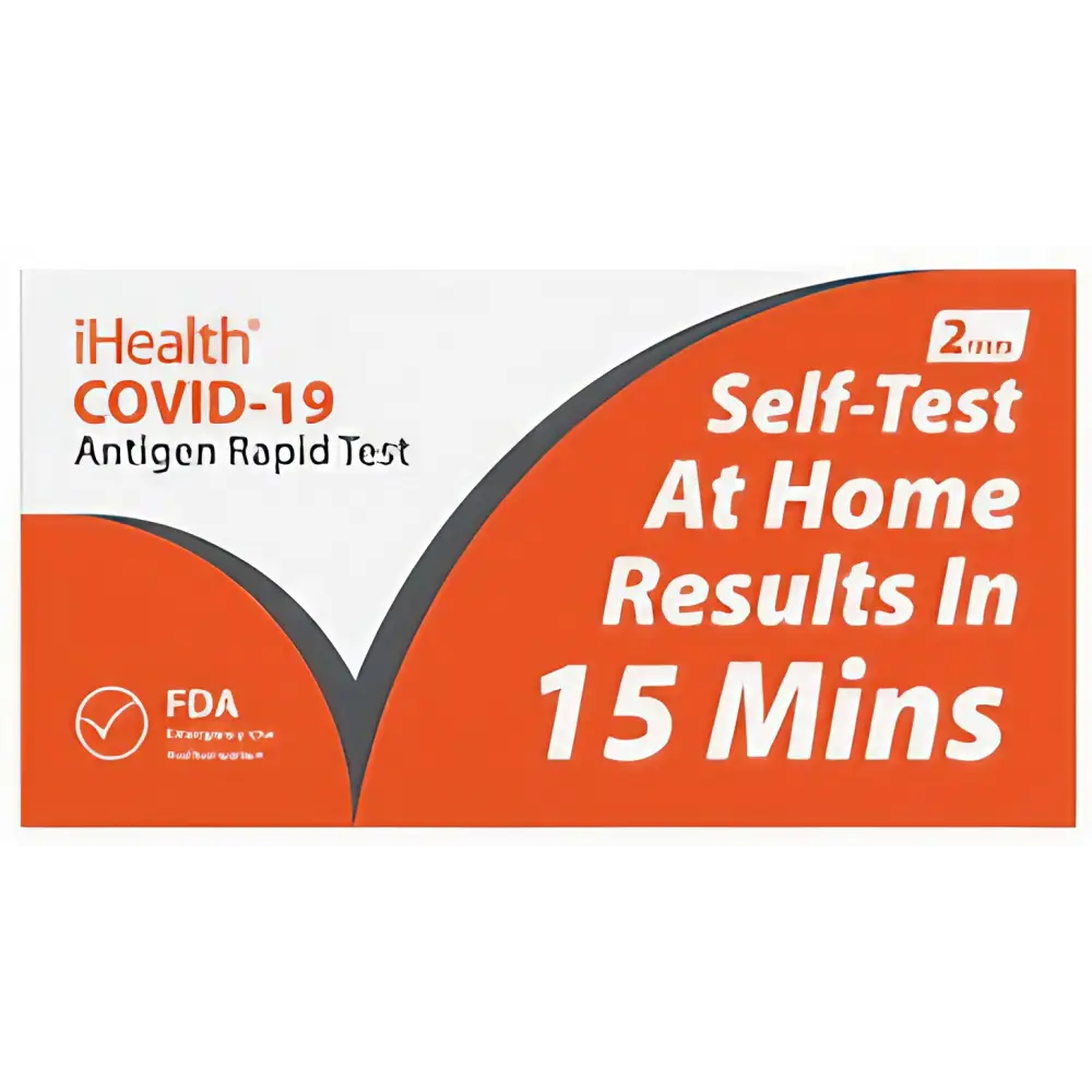 The iHealth Antigen Home Test Kit box with instructions for 15-minute results