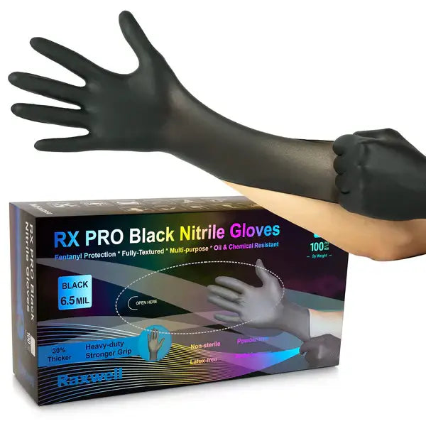  Raxwell Black 6.5 mil Nitrile Exam Gloves- box image