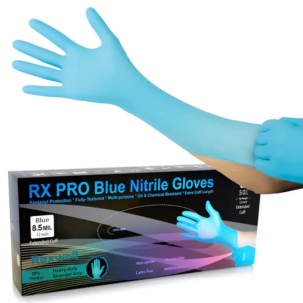 Raxwell Blue 8.5 mil 12 Extended Cuff Nitrile Exam Gloves- box image