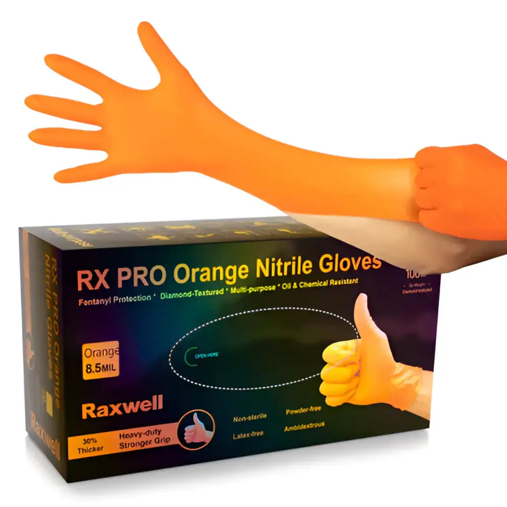 Raxwell Orange 8.5 mil Nitrile Exam Gloves- box image