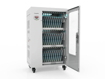 ChargeMax Disinfection Charging Cabinet - 30 bays, 3 Level (CT-30BU) - CT-30BU - 3 Level / 30 Bays. 5 minutes UVC Disinfection with digital timer; UV Disinfection System inside the cabinet removes germs and bacteria
