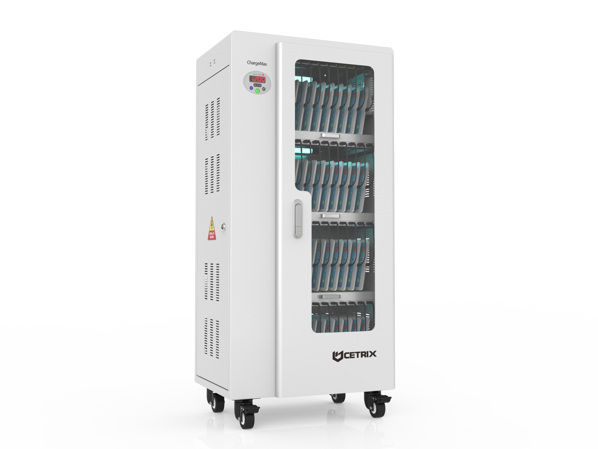 ChargeMax Disinfection Charging Cabinet - 40 bays, 4 Level (CT-40BU) - The cabinet is designed to be safe and durable, with a transparent door for monitoring, and four sturdy wheels with front brakes for easy moving and parking.