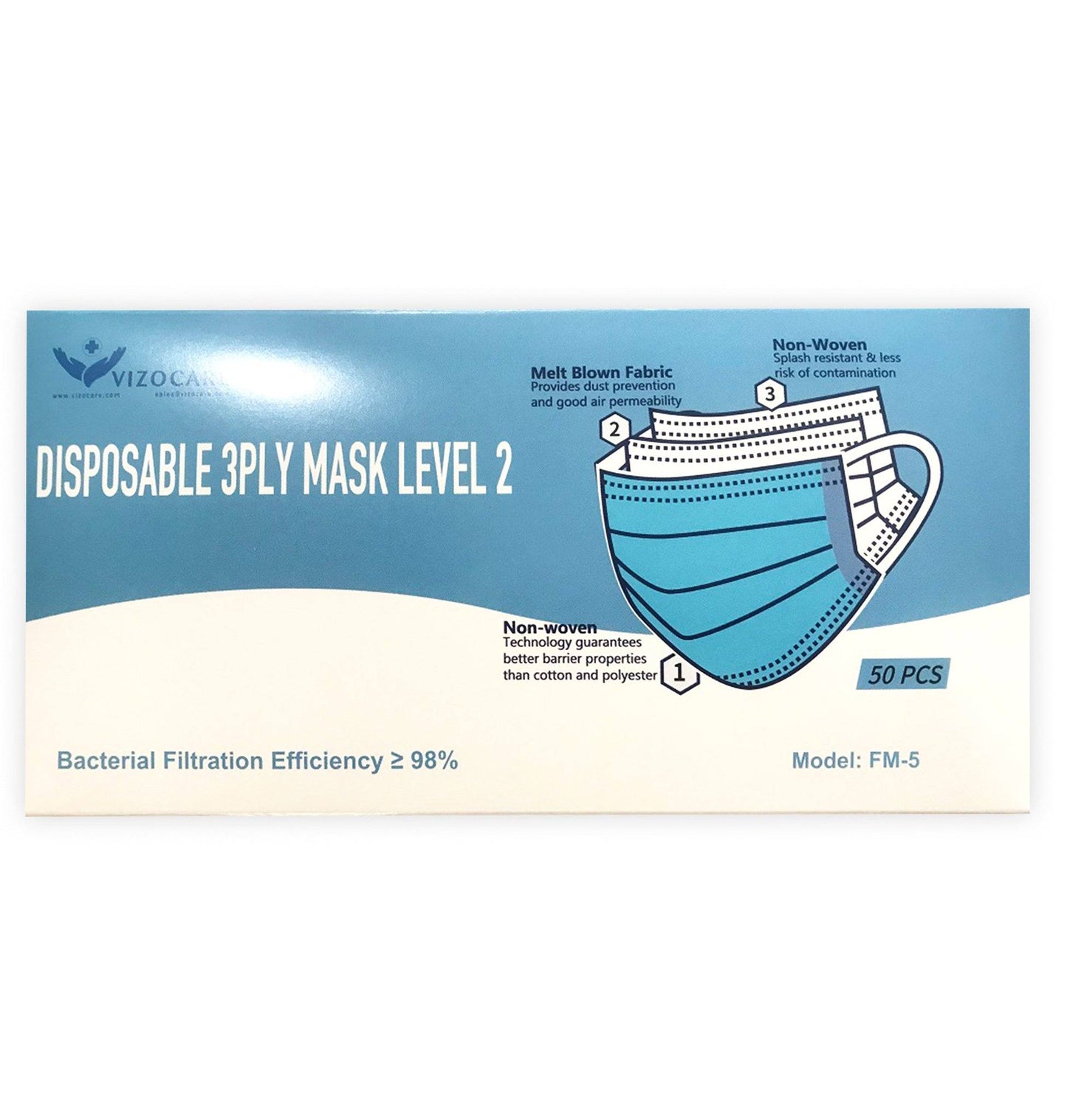 Disposable Surgical Mask, Level-2 3-Ply - pack of 50 (FM-5) Face Masks Vizocom 