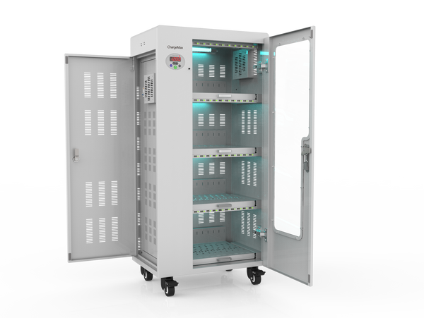 ChargeMax Disinfection Charging Cabinet - 40 bays, 4 Level (CT-40BU) - A UV light inside the cabinet helps in disinfecting device shells from germs and bacteria during charging sessions. ... Model: CT-40BU - 4 Level / 40 Bays.